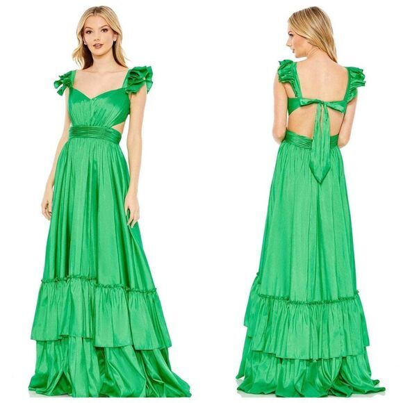 NWT Mac Duggal 68062 Satin Tie-Back Cut-Out Tierred Maxi Dress Green Size 8 - Picture 1 of 13